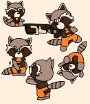  2016 aiming barefoot brown_fur chibi clothed clothing flat_colors fully_clothed fur grey_fur guardians_of_the_galaxy gun holding_object holding_weapon male mammal manmosu_marimo marvel mitten_hands multiple_images procyonid raccoon ranged_weapon rocket_raccoon semi-anthro simple_background sitting solo standing stripes toony weapon white_background white_fur 