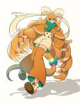  1girl absurdly_long_hair absurdres artist_name bow dragonite full_body green_eyes green_scarf hair_bow hair_ornament highres huge_bow long_hair long_sleeves mega_dragonite orange_thighhighs oysr2_dsy personification pokemon scarf shadow shoes smile solo thighhighs two_side_up very_long_hair white_background 