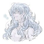  1boy absurdres alternate_hairstyle blue_eyes collarbone da_re666 eyelashes highres jujutsu_kaisen long_hair male_focus messy_hair pale_skin pectorals portrait simple_background smile snowflakes solo stitched_arm stitched_face stitched_neck stitches twitter_username white_background 