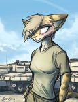  2018 anthro blind_eye blonde_hair breasts brown_fur chloe_(hunglee) clothing feline female fur hair hi_res hunglee leopard mammal military outside red_eyes scar smile solo spots spotted_fur standing sunny tank vehicle yellow_fur 