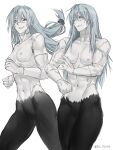  1boy abs absurdres blue_eyes blue_hair breasts cowboy_shot da_re666 hair_down heterochromia highres jujutsu_kaisen long_hair low-tied_long_hair mahito_(jujutsu_kaisen) male_focus male_with_breasts medium_breasts multiple_views navel nipples pale_skin ribs simple_background stitched_arm stitched_face stitched_neck stitched_torso stitches toned toned_male twitter_username white_background yellow_eyes 