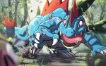  artist_request claws eye_trail feraligatr grass lechonk light_trail mud no_humans open_mouth outdoors pokemon pokemon_(creature) pokemon_focus pokemon_tcg second-party_source sharp_teeth solo_focus teeth tongue tongue_out tree 