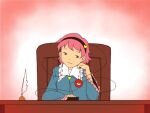  1970s_(style) 1girl black_eyes black_hairband blue_shirt chair closed_mouth commentary_request desk frilled_sleeves frills hair_ornament hairband heart heart_hair_ornament komeiji_satori long_sleeves looking_to_the_side nawo_(peace) pink_hair quill retro_artstyle ribbon-trimmed_collar ribbon_trim shirt short_bangs short_hair smile solo table third_eye touhou upper_body 
