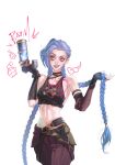  1girl absurdres arcane:_league_of_legends arcane_jinx artist_name asymmetrical_gloves black_gloves black_tank_top blue_hair blue_nails braid broken_heart cloud_tattoo commentary_request commission cowboy_shot crop_top drawn_heart drawn_object facing_viewer fingerless_gloves fingernails forehead gloves grin gun heart highres holding holding_gun holding_own_hair holding_weapon jinx_(league_of_legends) league_of_legends long_hair looking_at_object nail_polish navel pants parted_lips pink_eyes sharp_fingernails simple_background smile solo stomach_tattoo striped_clothes striped_pants tank_top tattoo twin_braids very_long_hair weapon wengwengchim white_background 