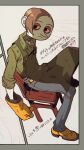  1boy apron bakushi_(smys2017) bandaged_neck bandages belt black_eyes blacksmith blue_pants border brown_hair buttons chair collared_shirt colored_sclera colored_skin commentary_request denim expressionless from_above frown glove_cuffs gloves gold_buttons green_apron green_sleeve_cuffs green_sleeves grey_border jeans legs_apart long_nose looking_to_the_side lower_eyelashes_only lowered_eyelids on_chair paneled_background pants parted_bangs pinocchio_(vlad_grimms) pointy_nose red_sclera rubber_gloves shirt shoes sitting sketch sleeves_rolled_up solo tape three-quarter_sleeves translation_request vampire vlad_grimms white_background white_skin wing_collar wooden_chair yellow_belt yellow_gloves yellow_shoes 