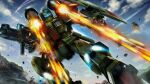 absurdres battle beam_rifle blue_visor cloud cloudy_sky copyright_notice debris energy_gun f71_g-cannon firing gundam gundam_battle_operation_2 gundam_f91 highres machinery mecha mecha_focus mobile_suit no_humans official_art painting_(medium) radio_antenna realistic robot scan scene_reference science_fiction scope shield shoulder_cannon sky sunrise_(company) tenjin_hidetaka traditional_media vernier_thrusters weapon 