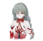  1girl bandage_over_one_eye bandaged_arm bandages bare_shoulders braid breasts closed_mouth collar collarbone commentary_request detached_sleeves earrings flower grey_eyes holding holding_flower isobe_senin jewelry long_hair looking_at_viewer nail_polish partial_commentary phrolova_(wuthering_waves) red_collar red_nails red_spider_lily simple_background single_detached_sleeve small_breasts solo tacet_mark_(wuthering_waves) white_background wuthering_waves 