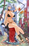 1girl adjusting_hair arm_strap bare_shoulders bikini black_bikini black_gloves blue_hair blush breasts cleavage detached_collar feet flower full_body gloves hair_lift hand_in_own_hair hand_up highres holding holding_own_hair holster holstered huge_breasts knife legs long_hair looking_at_viewer nail_polish navel open_mouth outdoors palm_tree purple_eyes red_eyes sandals selvaria_bles senjou_no_valkyria_(series) senjou_no_valkyria_1 shower_head sitting smile solo swimsuit thigh_holster thigh_strap thighs toenail_polish toenails toes toyoman tree underboob very_long_hair water 