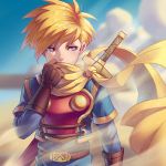  armor blonde_hair blue_eyes cape gloves golden_sun kaijuicery male_focus robin_(golden_sun) scarf short_hair solo spiked_hair super_smash_bros. super_smash_bros._ultimate 