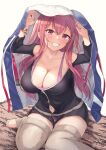  1girl alternate_costume alternate_hairstyle azur_lane bangs blush breasts bremerton_(azur_lane) bremerton_(relaxation_consultation)_(azur_lane) cleavage hair_down highres itaba_atsushi jacket_over_head looking_at_viewer mole mole_on_breast mole_under_eye multicolored_hair official_alternate_costume official_alternate_hairstyle pink_eyes simple_background solo streaked_hair two-tone_hair white_background 