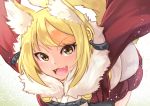  :d animal_ears blonde_hair commentary_request fangs fire_emblem fire_emblem_if fox_ears fur_trim highres kinu_(fire_emblem_if) multicolored_hair nakabayashi_zun open_mouth orange_hair outstretched_arms short_hair simple_background smile solo spread_arms streaked_hair two-tone_hair white_background yellow_eyes 