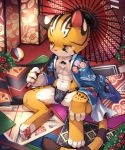  abs amber_eyes anthro ball blush bulge chest_tuft claws clothing cub feline flower fundoshi fur half-closed_eyes inside japanese_clothing kimono male mammal navel pawpads plant raier rug sitting solo tiger tuft umbrella underwear unrealplace young 