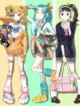  3girls absurdres aqua_background aqua_hair aqua_necktie aqua_skirt aqua_socks araragi_koyomi bag bag_charm black_bag black_sweater blonde_hair blush_stickers brown_bag brown_hair brown_shoes cardigan cardigan_around_waist cellphone character_doll charm_(object) closed_mouth clothes_around_waist collared_shirt doll donut earrings food forehead full_body green_background grin gyaru hachikuji_mayoi hair_ornament hair_ribbon hairband hairclip high_side_ponytail highres holding holding_phone hoop_earrings jacket jewelry kogal kurokami_kinniku_matsuri leg_warmers loafers loose_socks medium_hair monogatari_(series) multiple_girls nail_polish necktie ononoki_yotsugi orange_ribbon oshino_shinobu parted_bangs phone pink_bag plaid_clothes plaid_skirt platform_shoes pointy_ears red_eyes red_nails ribbon school_bag shirt shoes short_eyebrows short_necktie sidelocks single_off_shoulder skirt smartphone smile socks standing standing_on_one_leg sweater thick_eyebrows three-toned_background v white_hairband white_shirt white_shoes white_socks wristband yellow_background yellow_eyes yellow_jacket yellow_shoes 