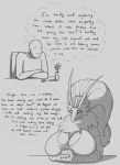  anthro big_breasts blaziken breasts clothed clothing comic donkles duo english_text female freckles greyscale hair huge_breasts human male mammal monochrome nintendo pok&eacute;mon pok&eacute;mon_(species) sitting smile sweat sweatdrop text thought_bubble video_games 
