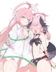  2girls absurdres ahoge bare_shoulders between_breasts bikini black_bikini black_wings blue_archive blush bow braid breasts cleavage collarbone embarrassed feathered_wings flat_chest floral_print fuu_hoshimi green_eyes grin hair_between_eyes hair_bow halo hanako_(blue_archive) hanako_(swimsuit)_(blue_archive) hand_on_another&#039;s_hip head_wings highres holding holding_hose hose hose_between_breasts huge_ahoge koharu_(blue_archive) koharu_(swimsuit)_(blue_archive) large_breasts long_hair looking_at_viewer looking_down low_twintails low_wings medium_hair multiple_girls navel pink_bikini pink_hair pink_halo see-through_clothes see-through_shirt shirt slit_pupils smile swimsuit thighs twintails wet wet_clothes wet_shirt white_bow white_shirt wings 
