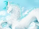  2018 absurd_res blue_eyes blue_hair day digital_media_(artwork) dragon fur furred_dragon hair hi_res horn nashiholy outside white-fur white_fur 