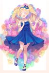  1girl :d ^_^ bag bangs blonde_hair blue_dress blue_footwear blush bracelet closed_eyes dress emily_stewart eyebrows_visible_through_hair eyes_closed floral_background frilled_dress frilled_sleeves frills hairband handbag highres idolmaster idolmaster_million_live! jewelry long_hair open_mouth puffy_short_sleeves puffy_sleeves shoes short_sleeves smile solo standing swept_bangs twintails yoshika_(music480069) 