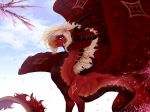  2018 absurd_res blonde_hair blue_eyes curved_horn day detailed_background digital_media_(artwork) dragon eyelashes feathered_dragon feathered_wings feathers female hair hi_res horn nashiholy outside red_feathers sky standing wings 