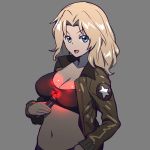 between_breasts black_sports_bra blonde_hair blue_eyes breasts brown_jacket cleavage commentary emblem flashlight girls_und_panzer grey_background hair_intakes highres jacket kay_(girls_und_panzer) long_hair long_sleeves looking_at_viewer medium_breasts military military_uniform navel onsen_tamago_(hs_egg) open_clothes open_jacket open_mouth saunders_military_uniform simple_background smirk solo sports_bra standing star uniform upper_body v-shaped_eyebrows 
