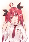  :o collared_shirt commentary_request date_a_live hair_between_eyes hair_ribbon highres itsuka_kotori long_hair long_sleeves mo_(pixiv9929995) necktie red_eyes red_hair red_neckwear ribbon shirt solo twintails upper_body upper_teeth very_long_hair white_shirt 