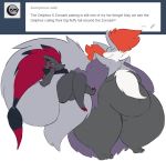  ambiguous_gender annoyed anthro black_fur canine chest_tuft claws delphox duo fur grey_fur happy mammal mane nintendo overweight pok&eacute;mon pok&eacute;mon_(species) purple_fur rakashama red_fur shiny_pok&eacute;mon smile tuft video_games white_fur zoroark 