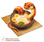  2017 ambiguous_gender bowl brown_eyes cryptid-creations eating egg feral food grey_scales humor noodles orange_scales pun reptile scales scalie simple_background snake solo table_mat visual_pun white_background yellow_scales 