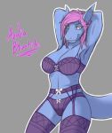  anthro azalia bra breasts clothed clothing donkles female fish hair hands_behind_head lingerie looking_at_viewer marine panties shark smile solo standing underwear voluptuous 