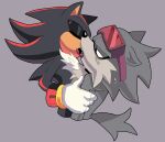 anthro black_body black_fur blush blush_lines bodily_fluids canid canine canis cheek_tuft chest_tuft clothing duo eulipotyphlan eyes_closed eyewear facial_tuft french_kissing fuckwolfamy fur gloves goggles grey_background grey_body grey_fur handwear hedgehog holding_another inhibitor_ring kissing male male/male mammal open_mouth quills_(anatomy) red_stripes sega shaded shadow_the_hedgehog simple_background sonic_the_hedgehog_(series) stripes sweat sweatdrop tan_body tan_skin tuft wolf wolf_guy_(idw_sonic)
