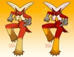  2016 3_fingers anthro blaziken blue_eyes claws comparison digital_drawing_(artwork) digital_media_(artwork) feathers gradient_background looking_at_viewer nintendo pok&eacute;mon pok&eacute;mon_(species) red_feathers shiny_pok&eacute;mon simple_background skdaffle sparkles video_games white_claws yellow_feathers yellow_sclera 