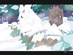  abomasnow absurdres artist_name commentary_request evolutionary_line green_eyes highres letterboxed open_mouth outdoors pokemon pokemon_(creature) pokemon_focus sakanagi_(a_r_co) snover snow snowing tree 