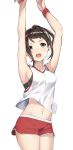  armpits basketball brown_hair jersey midriff navel open_mouth original ponytail shorts sports_bra throwing weee_(raemz) wristband 