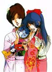  80s blue_eyes blue_hair brown_hair choujikuu_yousai_macross floral_print flower hair_flower hair_ornament hand_to_own_mouth hayase_misa highres holding japanese_clothes kimono long_hair long_sleeves looking_at_viewer lynn_minmay macross macross:_do_you_remember_love? mikimoto_haruhiko multiple_girls official_art oldschool ponytail production_art promotional_art scan simple_background updo white_background 