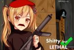  beret brown_eyes brown_hair commentary danielle_brindle english fake_facial_hair fake_mustache girls_frontline gun hair_ribbon hat highres jewelry ribbon ring solo sten_gun sten_mk2_(girls_frontline) sweater twintails twitter_username weapon 