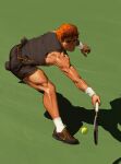  1boy absurdres alternate_costume ball beil3 black_shorts commentary english_commentary full_body haikyuu!! highres hinata_shouyou male_focus nike_(company) orange_eyes orange_hair racket shadow shiny_skin shorts sleeveless solo sportswear tennis tennis_ball tennis_racket tennis_uniform thighs toned toned_male 