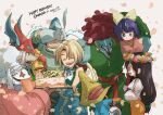  1other 3girls 4boys adelbert_steiner amarant_coral aqua_eyes aqua_vest armor bare_shoulders beard belt birthday_cake black_choker black_mage_(final_fantasy) blonde_hair blue_coat blue_hair blue_pants blue_skin blue_wrist_cuffs bow brown_eyes brown_gloves brown_hair burmecian cake cat_tail character_name chef_hat choker clenched_teeth closed_eyes closed_mouth coat colored_skin cropped_vest crying dated dreadlocks earrings facial_hair falling_petals final_fantasy final_fantasy_ix flower food freya_crescent garnet_til_alexandros_xvii gloves green_pants green_vest grey_gloves grey_hair hair_bow hair_ornament hair_over_eyes hairclip hand_to_own_mouth happy_birthday hat hat_feather head_wreath helmet holding holding_flower hoop_earrings horns jewelry juliet_sleeves long_hair long_sleeves looking_at_another low-tied_long_hair mouse_girl multiple_boys multiple_girls open_mouth orange_flower pants parted_bangs petals pink_coat pink_sweater plate_armor puffy_sleeves quina_quen red_belt red_gloves red_hair red_helmet shirt shoulder_tattoo single_horn smile streaming_tears sweater tail takase_toho tattoo tears teeth tongue tongue_out twintails twitter_username upper_body vest vivi_ornitier white_shirt winged_helmet wiping_tears wizard_hat wrist_cuffs yellow_bow yellow_eyes zidane_tribal 