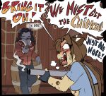 anthro bear black_body black_fur black_hair black_nose breasts breath brown_eyes brown_hair brown_nose cellphone dialogue duo electronics english_text eyes_closed felid female fuf fuf_(character) fur gun hair hi_res hybrid leopard male mammal pantherine panting phone ranged_weapon red_faced shotgun sicmop_(character) tan_body tan_fur text weapon