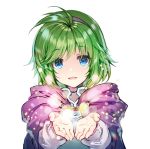  blue_eyes blush cape fire_emblem fire_emblem:_rekka_no_ken fire_emblem_heroes green_hair hairband looking_at_viewer miwabe_sakura nino_(fire_emblem) open_mouth purple_hairband short_hair smile solo 