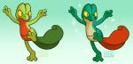  2016 3_fingers 3_toes anthro comparison digital_drawing_(artwork) digital_media_(artwork) gradient_background green_body green_eyes nintendo pok&eacute;mon pok&eacute;mon_(species) raised_arm raised_leg red_tail shiny_pok&eacute;mon simple_background skdaffle solo sparkles toes treecko video_games yellow_sclera 