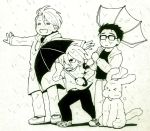  &gt;_&lt; =_= dog glasses heart-shaped_mouth katsuki_yuuri makkachin male_focus monochrome multiple_boys open_mouth rain raincoat smile takeshi_(mononohu20) umbrella viktor_nikiforov wind yuri!!!_on_ice yuri_plisetsky 