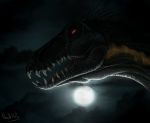  2018 absurd_res digital_media_(artwork) dinosaur full_moon hi_res moon nashiholy no_sclera open_mouth red_eyes sharp_teeth slit_pupils teeth tongue 