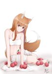  absurdres animal_ears apple arm_support bare_legs bare_shoulders brown_hair collarbone eyebrows_visible_through_hair food fruit hair_between_eyes highres holo long_hair looking_at_viewer navel red_eyes signature sitting smile solo spice_and_wolf tail viktorf wolf_ears wolf_girl wolf_tail 