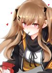  absurdres bangs black_ribbon blush breasts brown_hair commentary_request food girls_frontline hair_ornament hairclip highres hood hooded_jacket jacket long_hair looking_at_viewer lying neck_ribbon on_stomach pocky pocky_day pocky_kiss red_eyes ribbon scar scar_across_eye scarf shared_food shirt sidelocks smile twintails ump9_(girls_frontline) white_shirt 