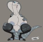  anthro big_breasts breasts clothing cobra crouching donkles female huge_breasts legwear looking_at_viewer makeup mascara nipples pussy reptile scalie smile snake solo stockings thick_thighs tongue tongue_out voluptuous 