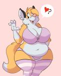  &lt;3 4_fingers ? anthro belly big_belly big_breasts blush bra breasts canine cleavage clothed clothing deep_navel digital_media_(artwork) dipstick_tail female fox front_view fur hi_res legwear mammal multicolored_tail navel open_mouth overweight overweight_female panties pink_background simple_background smile source_request stockings striped_leggings striped_legwear stripes thick_thighs titsunekitsune underwear voluptuous white_fur wide_hips yellow_fur zera_(titsunekitsune) 