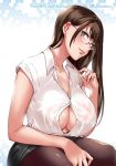  bangs bare_arms bare_shoulders black_legwear black_skirt blush breasts brown_hair button_gap cleavage closed_mouth collarbone collared_shirt covered_nipples cowboy_shot eyebrows_visible_through_hair eyelashes fingernails formal glasses green_eyes hand_on_own_leg hand_up hanyuu_yuzuki head_tilt highres large_breasts long_fingernails long_hair looking_at_viewer miniskirt nail_polish office_lady pantyhose pencil_skirt pink_lips pink_nails rimless_eyewear scan shirt short_sleeves shouno_kotarou shuumatsu_no_harem sideways_glance skirt sleeveless sleeveless_shirt smile solo unbuttoned unbuttoned_shirt white_background white_shirt 