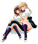  1boy 1girl alternate_costume behind_another black_skirt blonde_hair blush bow bowtie brown_eyes brown_hair closed_mouth commentary_request convenient_leg crossdressing crossdressing_(mtf) enmaided frilled_skirt frills full_body green_eyes hands_on_another's_shoulders hands_on_own_knees highres kneehighs kuzuryuu_hanako long_hair looking_at_viewer maid parted_lips ponytail purple_socks red_bow red_bowtie saotome_hodaka shirt shoes short_hair simple_background sitting skirt socks sogabe_toshinori white_background white_shirt white_shoes yankee_jk_kuzuhana-chan 