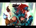  armor brown_eyes brown_hair cheval commentary_request fingerless_gloves fuse_ryuuta gloves hairband jewelry leather leather_gloves monster_hunter monster_hunter_stories multiple_boys necklace red_hair ryuuto_(monster_hunter_stories) short_hair spiked_hair spikes 