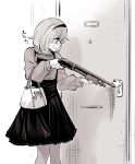  1girl aiming bag bags_under_eyes blush commentary_request door door_breaching feet_out_of_frame giggling greyscale gun hairband handbag highres holding holding_gun holding_weapon kato_takuji long_sleeves monochrome original pantyhose profile pump_action shirt shirt_tucked_in short_hair shotgun skirt smile solo standing suspender_skirt suspenders sweat wavy_mouth weapon 