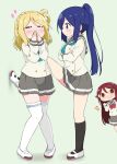  3girls :3 alternate_eye_color black_legwear blonde_hair blue_hair blush chibi crossed_arms eyes_closed fist_pump green_background grey_skirt hair_rings heart long_hair love_live! love_live!_sunshine!! matsuura_kanan miyako_hito multiple_girls ohara_mari ponytail purple_eyes red_eyes red_hair sakurauchi_riko school_uniform simple_background skirt smile socks standing sweat thighhighs uranohoshi_school_uniform wall_slam white_legwear yuri yurijoshi 