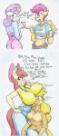  2018 absurd_res annoyed anthro anthrofied apple_bloom_(mlp) applejack_(mlp) big_breasts bow breasts cup dialogue english_text equine female flicker-show friendship_is_magic hi_res horn horse mammal my_little_pony nipple_bulge pegasus pony scootaloo_(mlp) sibling sisters steam sweetie_belle_(mlp) text traditional_media_(artwork) unicorn wings 